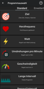 MyHomeFIT Programmauswahl Standard