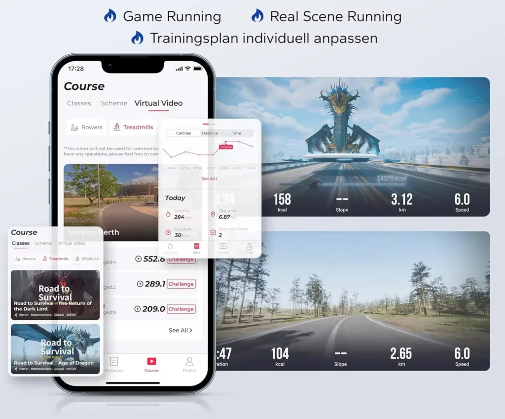 Trainingsansichten der MERACH-App für Laufband und Walking Pad
