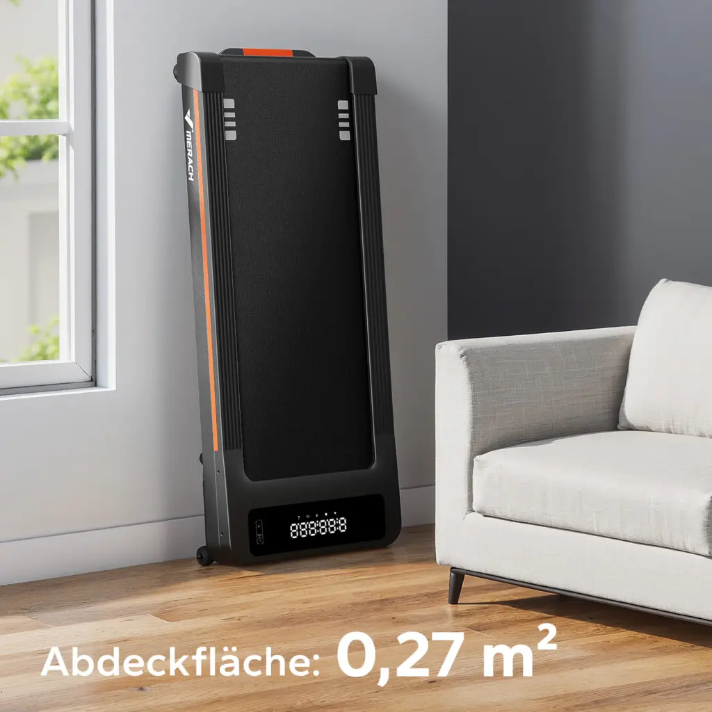 MERACH W50 Walking Pad hochkant im Wohnzimmer verstaut