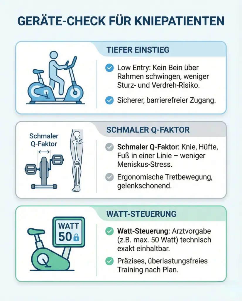Geräte-Check für Kniepatienten Low Entry, Q-Faktor, Wattsteuerung