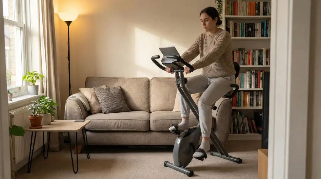 Kleiner Heimtrainer im echten Wohnzimmer (Hero-Motiv)