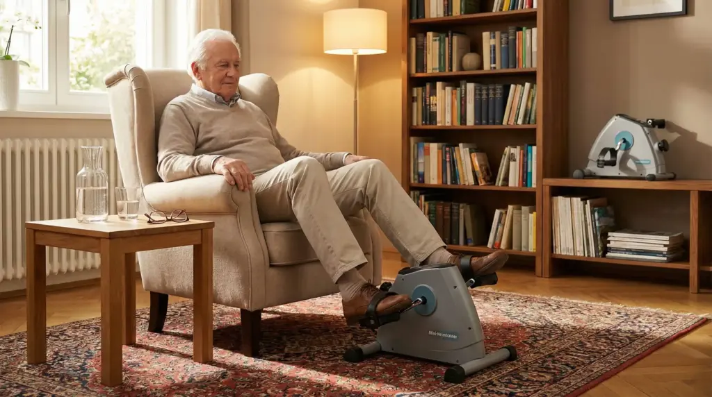 Mini-Heimtrainer vor dem Sessel